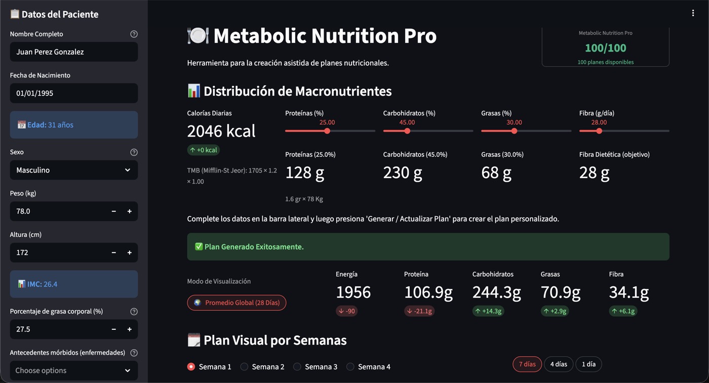 Interfaz de Metabolic Nutrition Pro - Generador de planes nutricionales