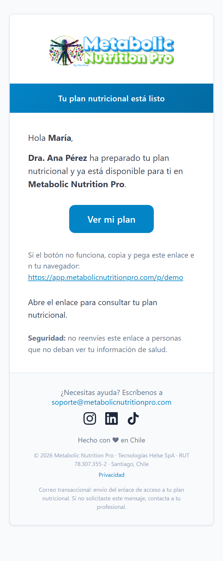 Correo de entrega del plan nutricional al paciente