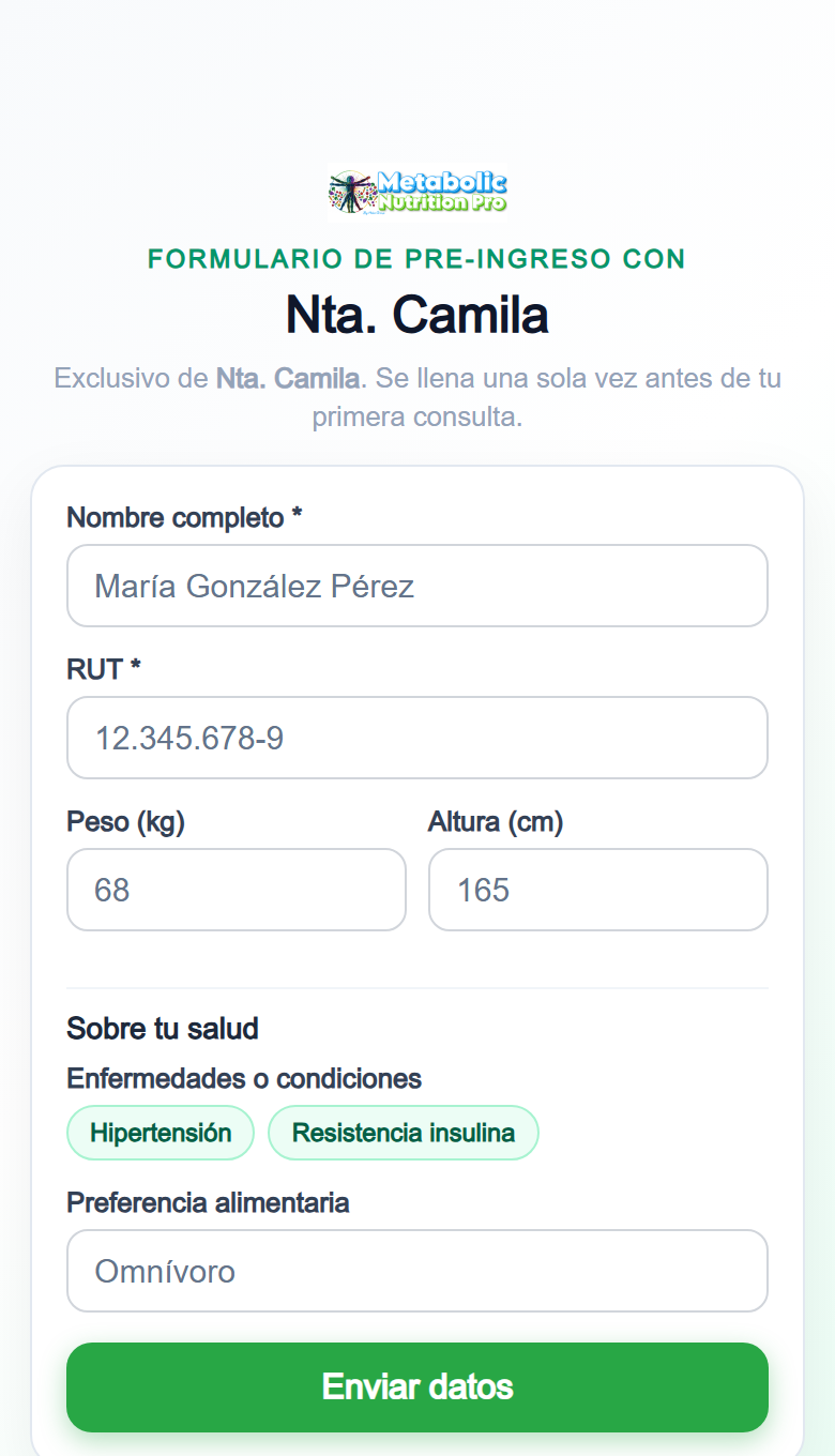 Formulario de pre-ingreso que el paciente completa desde su celular